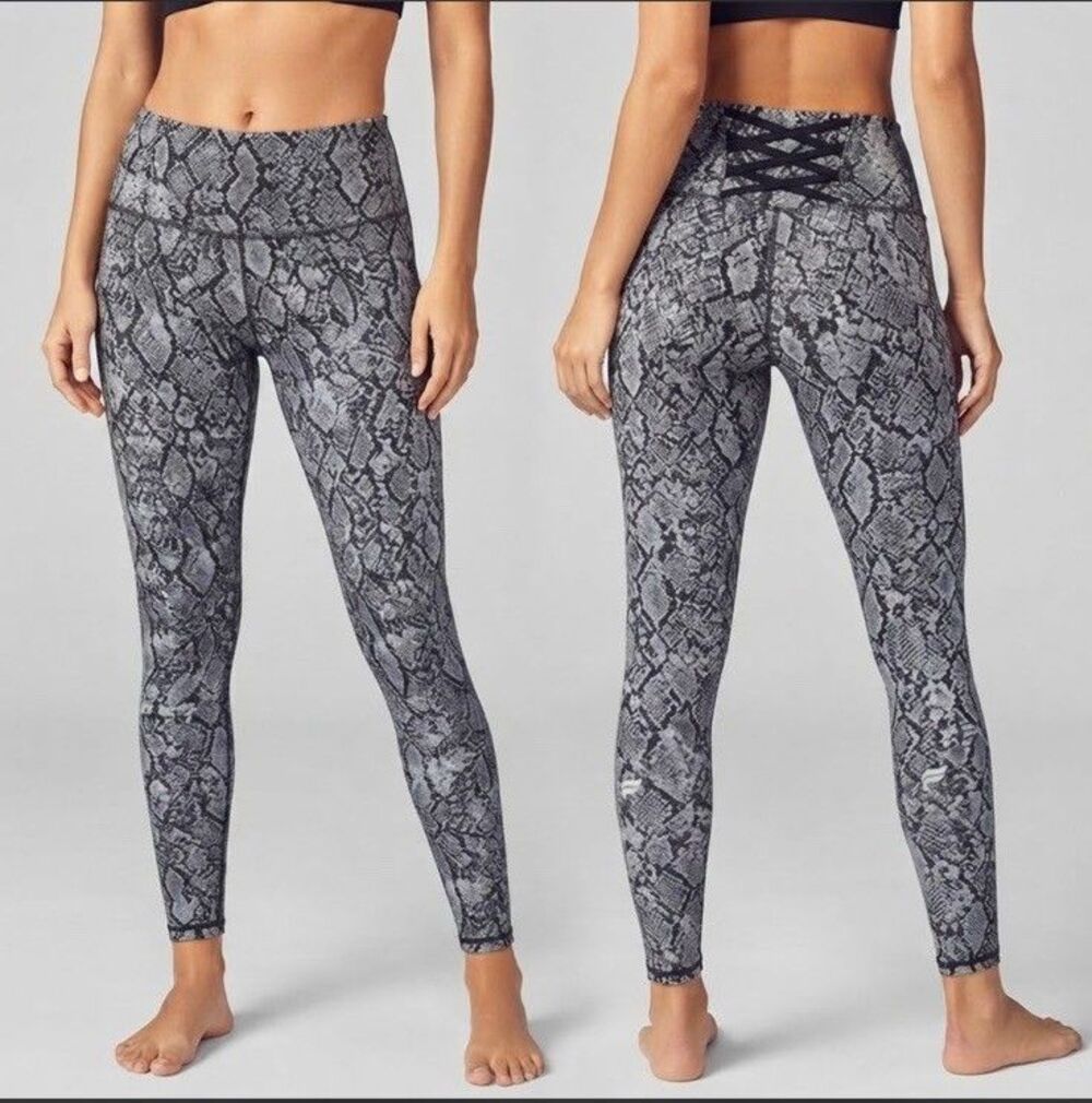 Fabletics Womens Sz XL Black Gray Snakeskin Print Leggings Crisscross Back Ankle